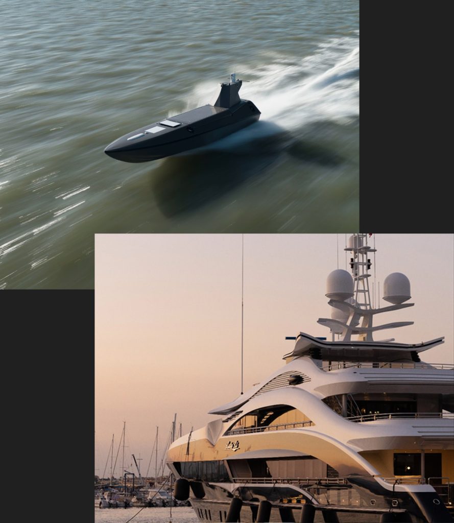 Uncrewed surface vessel at speed, and a superyacht in harbour